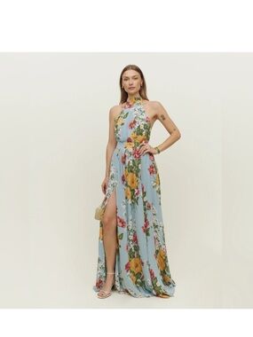Reformation Andee Dress, blue floral tie halter